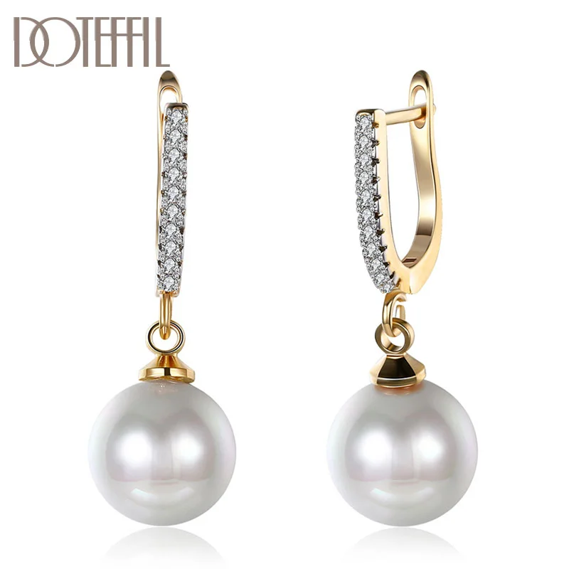 DOTEFFIL 925 Sterling Silver Pearl AAA Zircon 18K Gold Earrings For Women Jewelry
