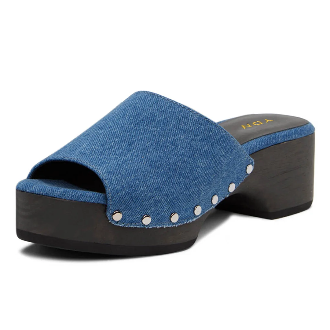 Blue Denim Chunky Heel Open Toe Studded Platform Mules Sandals