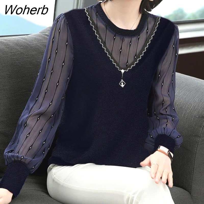 Woherb Mother Bottoming Top Women's New Spring Lace Mesh Patchwork Long Sleeve Diamond Pullover T-Shirt