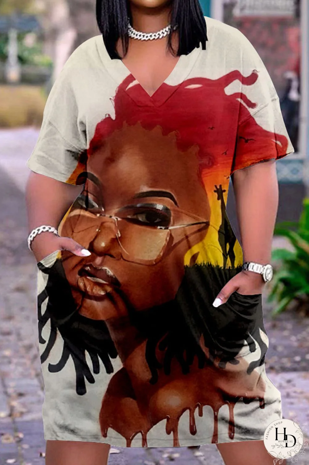 Multicolor Casual Street Print Patchwork V Neck Straight Dresses