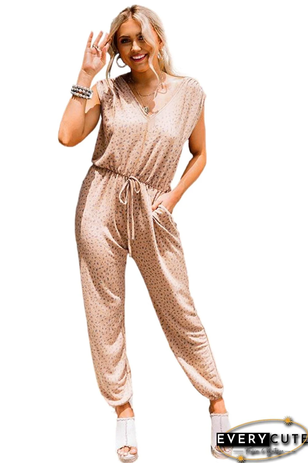 Brown Cheetah Print V Neck Cap Sleeve Jogger Jumpsuit