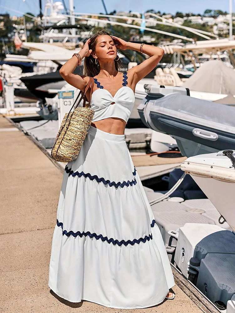 Elegant Women's Skirt Set - 2 Piece Set Women's V-Neck Camisole And Elastic Waist Maxi Skirt, Women's Beachwear | Women's Resortwear | Women's Spring/Summer Wear