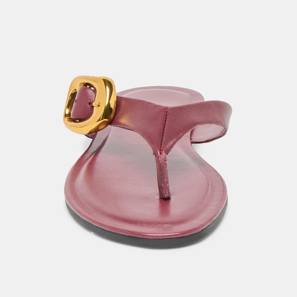 Casual Burgundy Open Round Toe Buckle Decor Flip Flops for Women