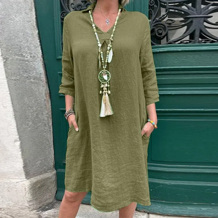 Women's Summer Holiday Dress V-Neck Mid Sleeve Solid Midi Dress