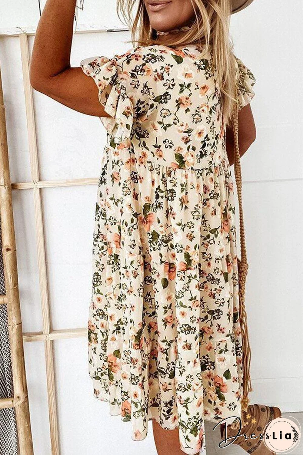 Floral Print Ruffle Sleeve Dress