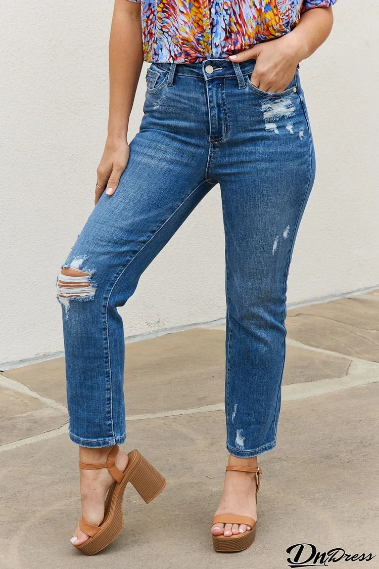 Judy Blue Theresa Full Size High Waisted Ankle Distressed Straight Jeans