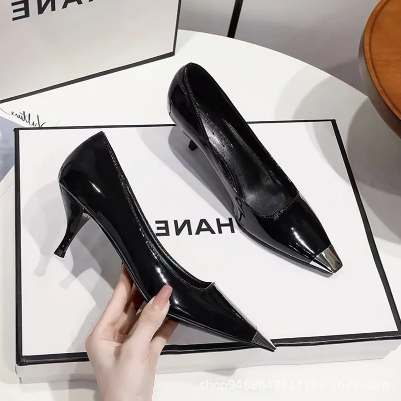 Breakj Breakj Summer New Black Patent Leather High Heels Fine Heel Temperament Square French Girl Professional Fashion Single Shoes