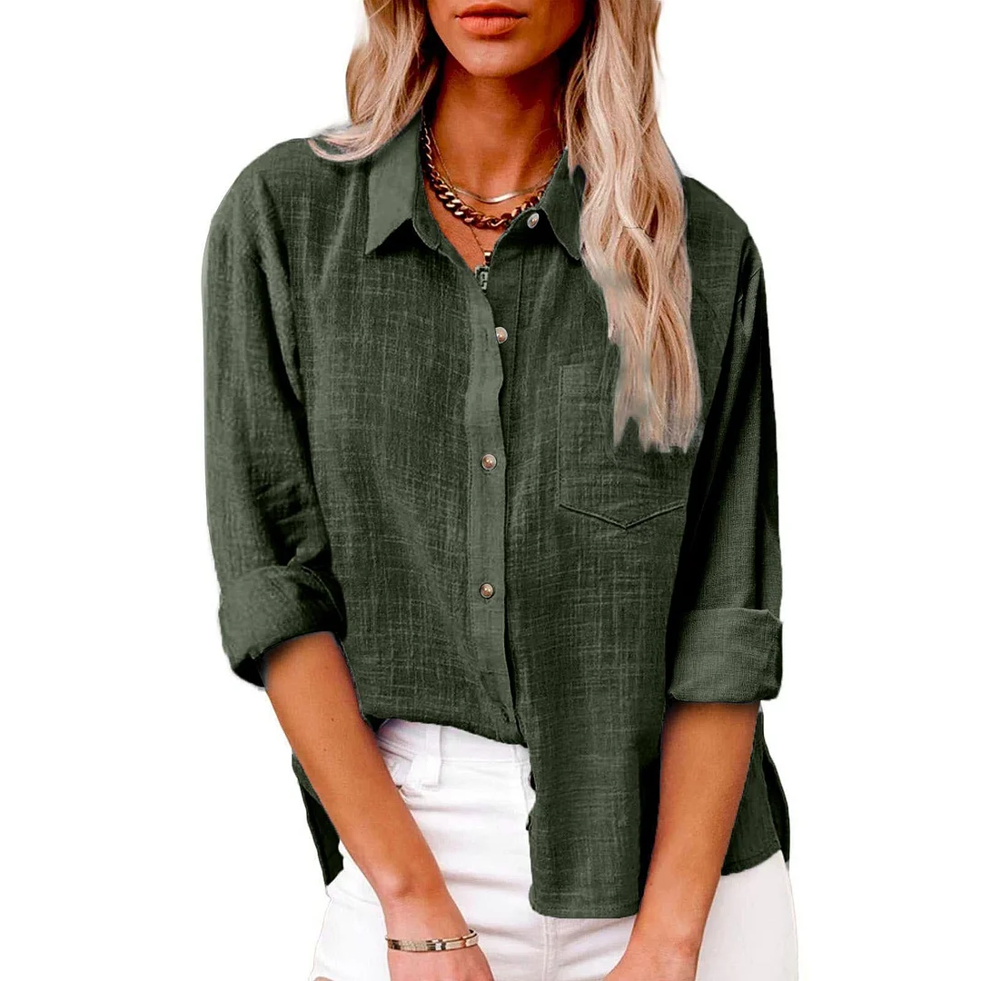 Uveng Autumn Pocket Split Linen Long-sleeved Blouses