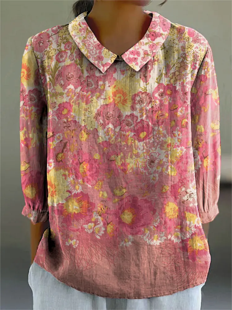 Women's Gradient Floral Art Print Casual Cotton And Linen 3/4 Sleeve Shirt