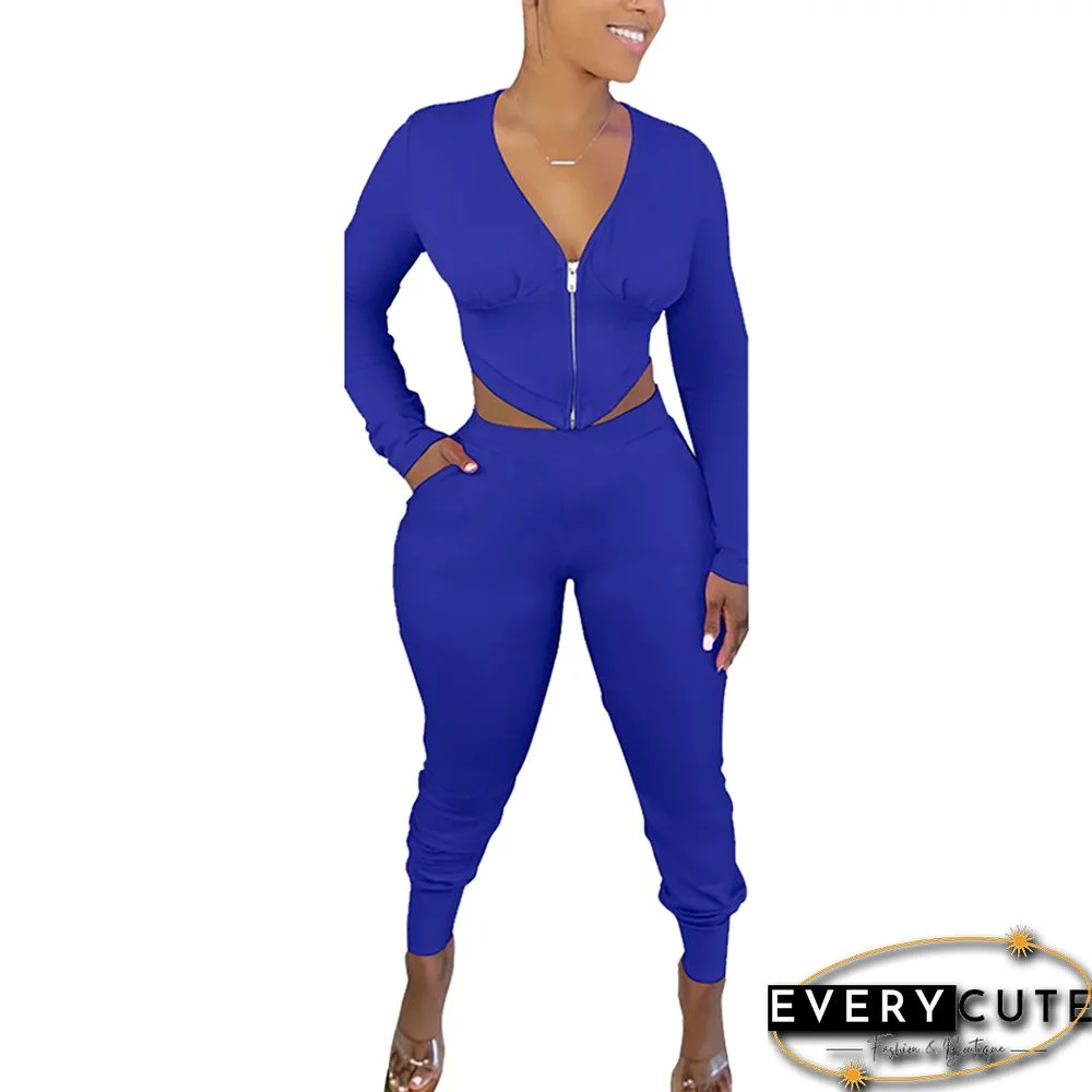 Blue Zipper Long Sleeve Crop Top And Pant Set