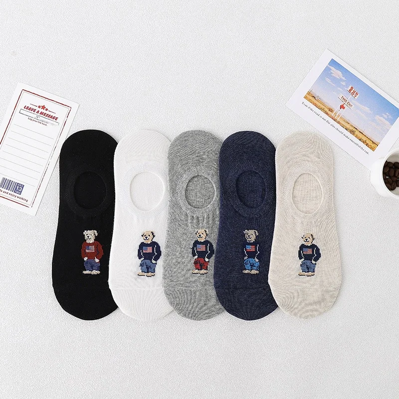 Billionm Pairs of 5 Colors Summer New Love Bear Striped Cotton Men and Women Thin Breathable Casual Boat Socks Silicone Invisible Socks