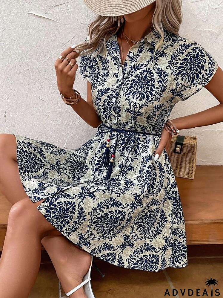 Allover Print Belted Shirt Dress