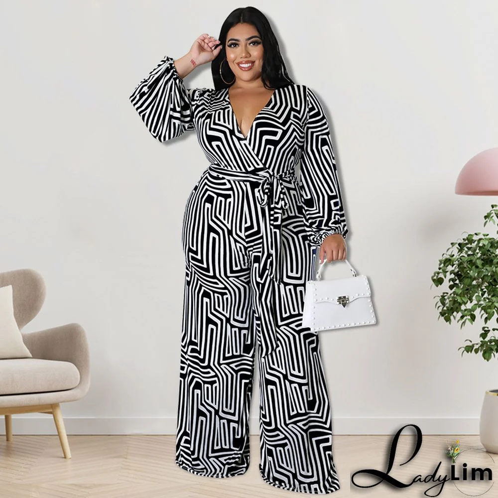 Plus Size Women's Print Long Sleeve Wrap Wide Leg Jumpsuit