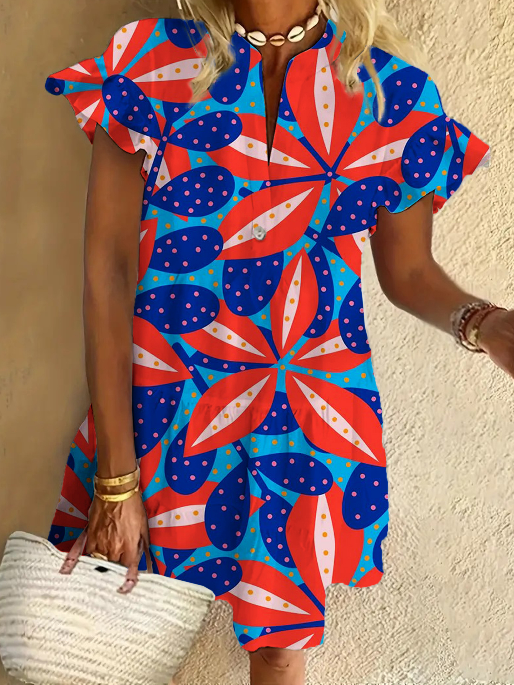 Floral Art Print Ruffled Short-sleeved V-neck Buttoned Dress Vacation Beach Dress