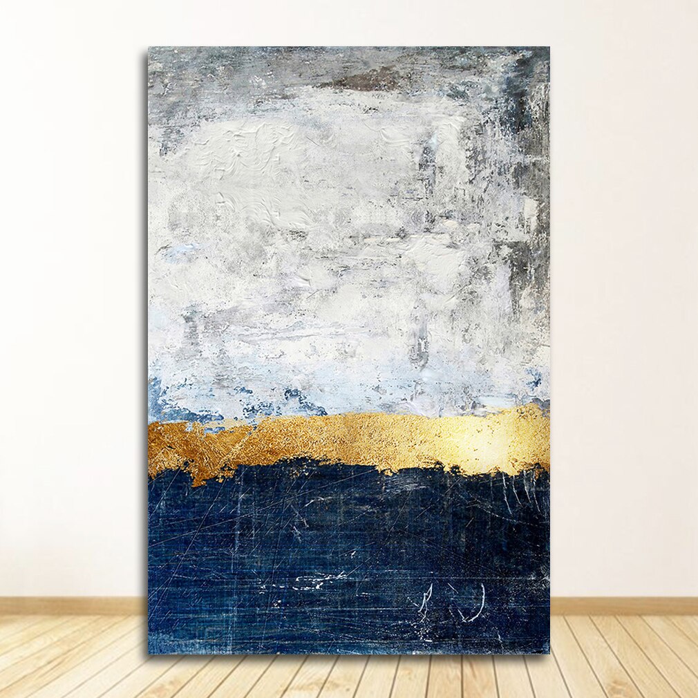 MOINES for Living Room Navy Decor Big Size Tableaux Abstract Gold Foil Block Painting Blue Print Modern Golden Wall Art Picture