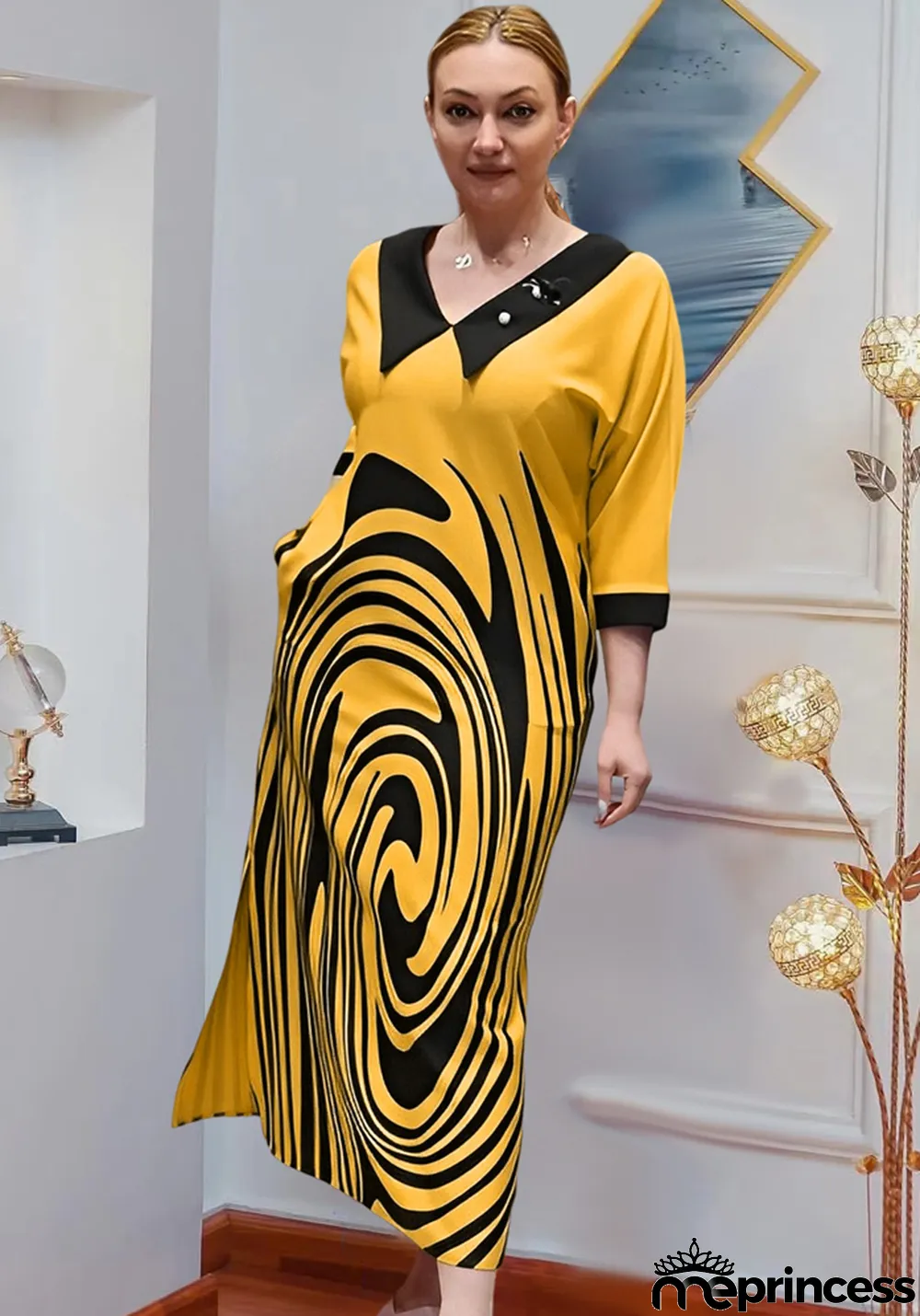 Fall Print Women's A-Line Skirt with Pockets Plus Size Dress