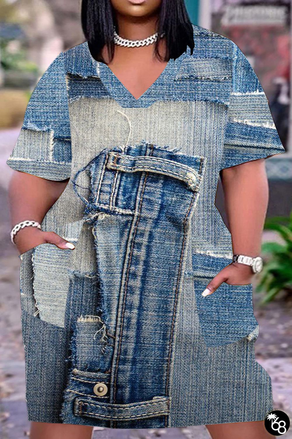 The cowboy blue Casual Street Vintage Print Make Old Pocket V Neck A Line Plus Size Dresses | 168DEAL