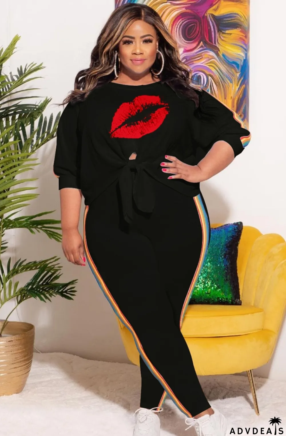 Autumn Plus Size Print Black Knotted Shirt and Pants Set