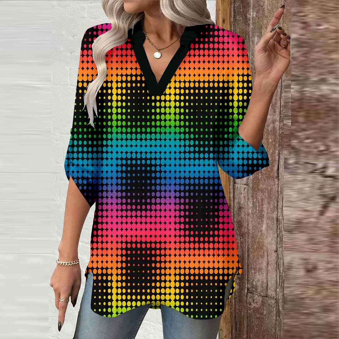 Women Color, Black, Checkered DZGA0459 3/4 Sleeve V-neck Printed Graphic Button Tops