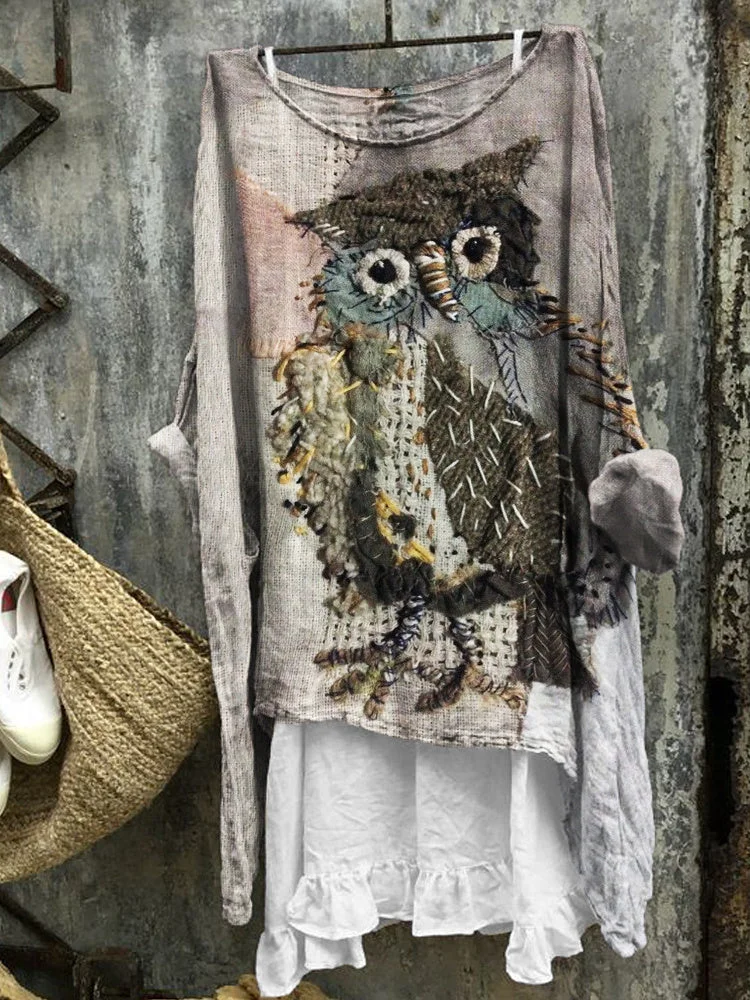 Vintage Owl Patchwork Fiber Art Linen Blend Tunic