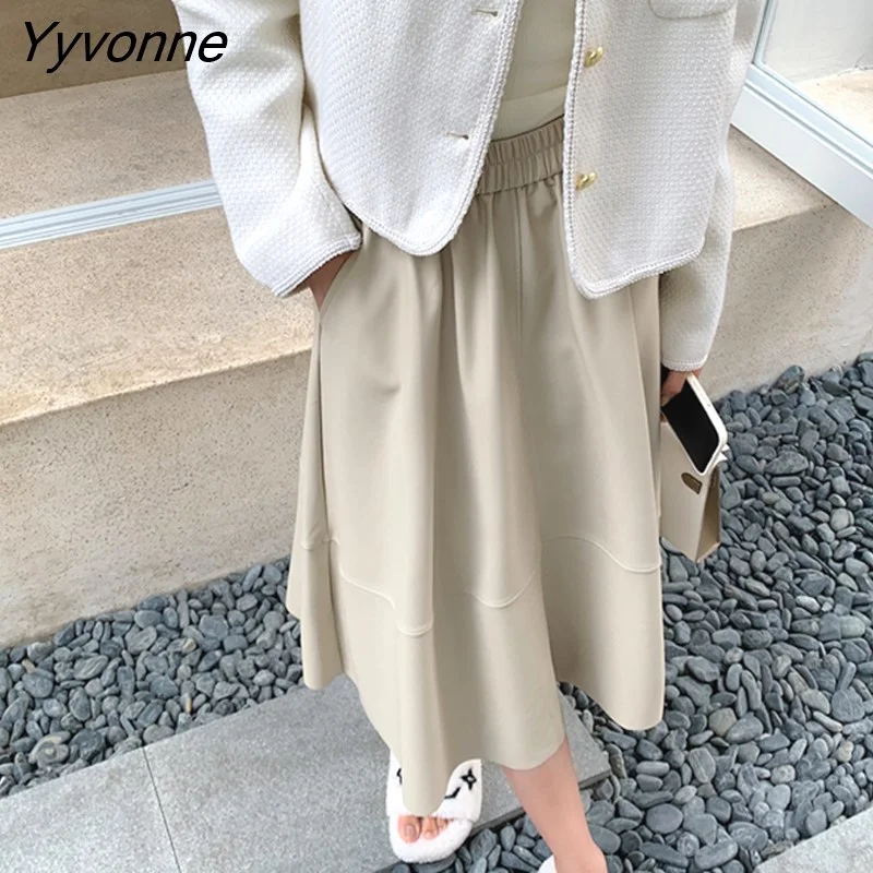 Yyvonne Elegant Women PU Skirts Elastic High Waist Pockets Faux Leather A-line Skirts Female Spring Autumn
