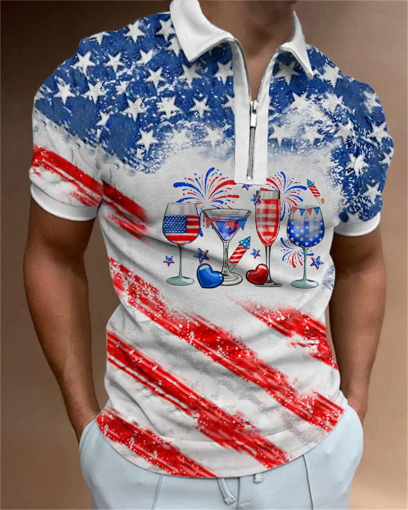 Men's Independence Day Red Wine Glass Flag Print Zipper Neck Short Sleeve Polo Shirt