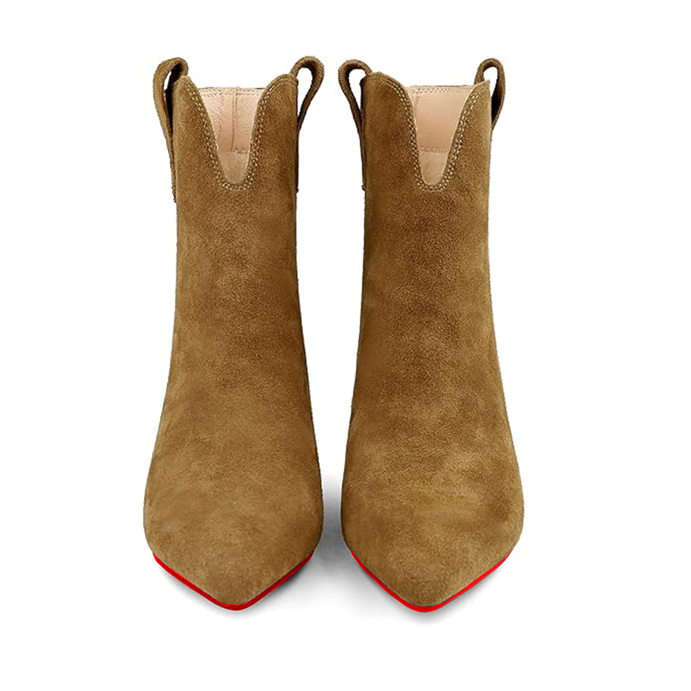 2.36'' Women's Ankle Boots Closed Pointed Toe Kitten Red Bottoms Stilettos Suede Booties-MERUMOTE