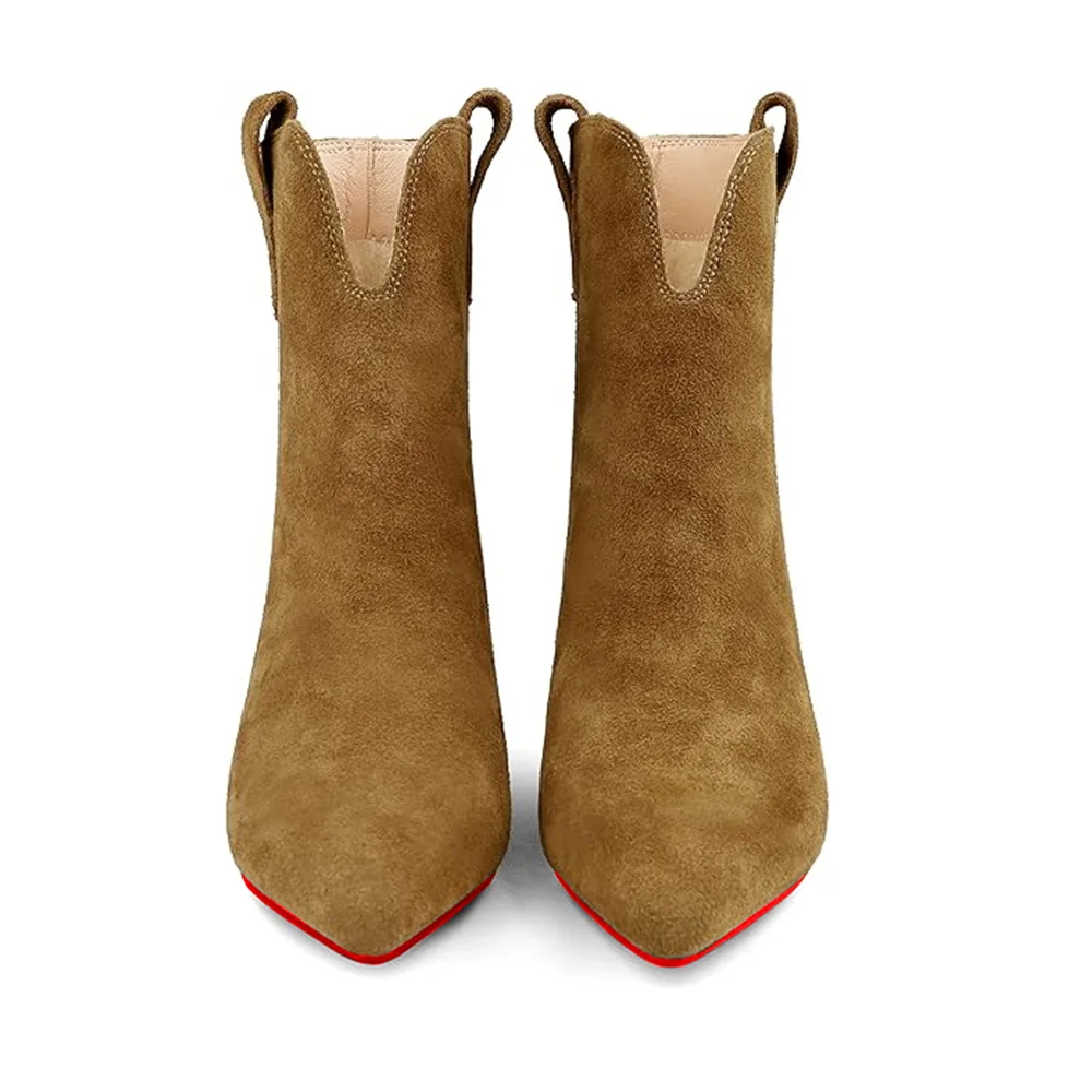 2.36'' Women's Ankle Boots Closed Pointed Toe Kitten Red Bottoms Stilettos Suede Booties-MERUMOTE