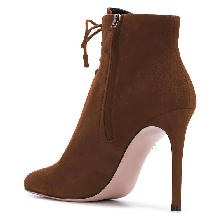 Brown Suede Lace-Up Stiletto Boots Vdcoo