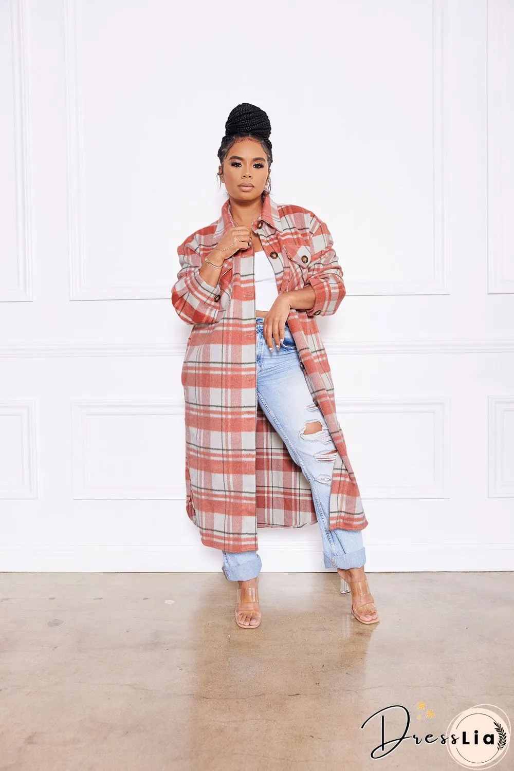 Classic Check Single-breasted Long Woolen Coat