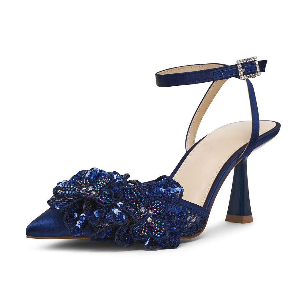 Toosa Toosa Mesh Patchwork Pointed Toe Bead Sequin Flower Pumps In Blue