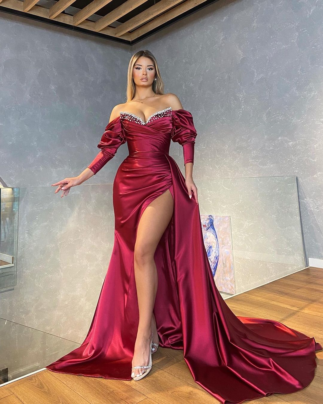 Red Charming Long Sexy Off-the-shoulder Strapless Prom Dress With High Slit | Risias