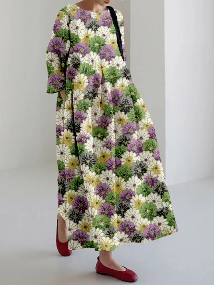 Vintage Japanese Flower Art Linen Blend Maxi Dress