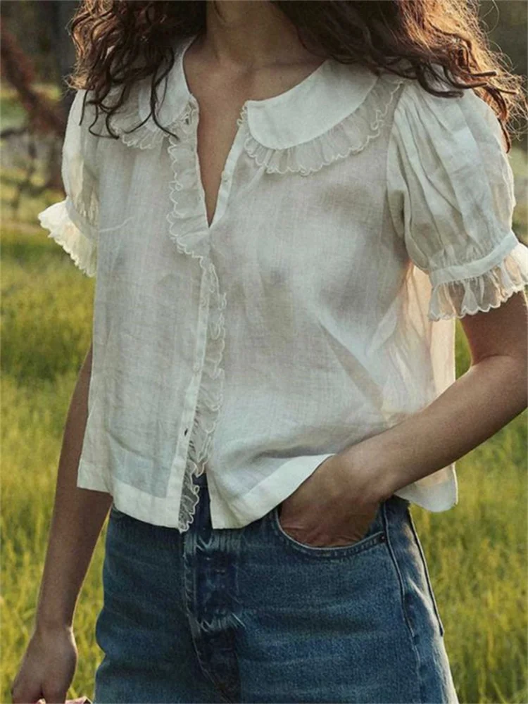 Wearshes Flowy Ruffle Trim Puff Short Sleeve Blouse