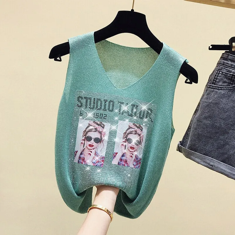 Sexy Tank Top Women Vests Top V-neck Female Sleeveless Casual Thin Pink Green Summer Diamond Knit Vest Tee Shirt Femme 2020