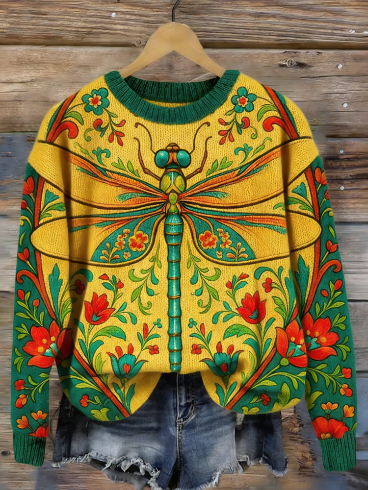 Vintage Dragonfly Inspired Cozy Knit Sweater wearshes