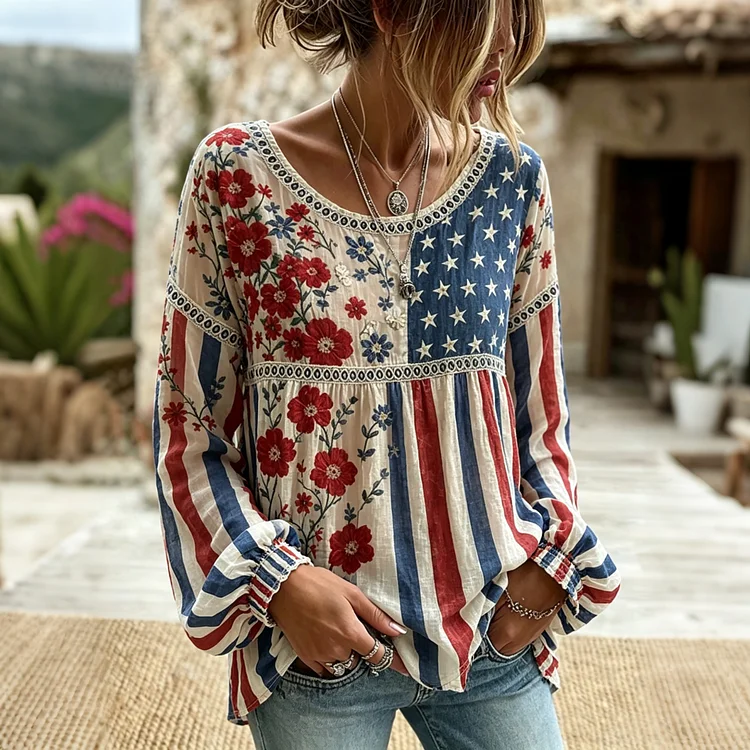 Women's Vintage Patchwork Art Print Long Sleeve T-shirt