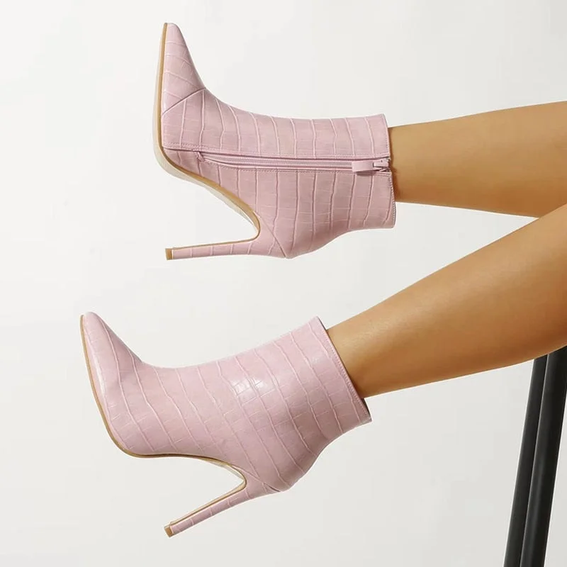 2022 New Sexy Snake Print Pointed Toe Women Ankle Boots Pink Thin High Heels Pumps Fashion Zipper Party Dress Chelsea Shoes