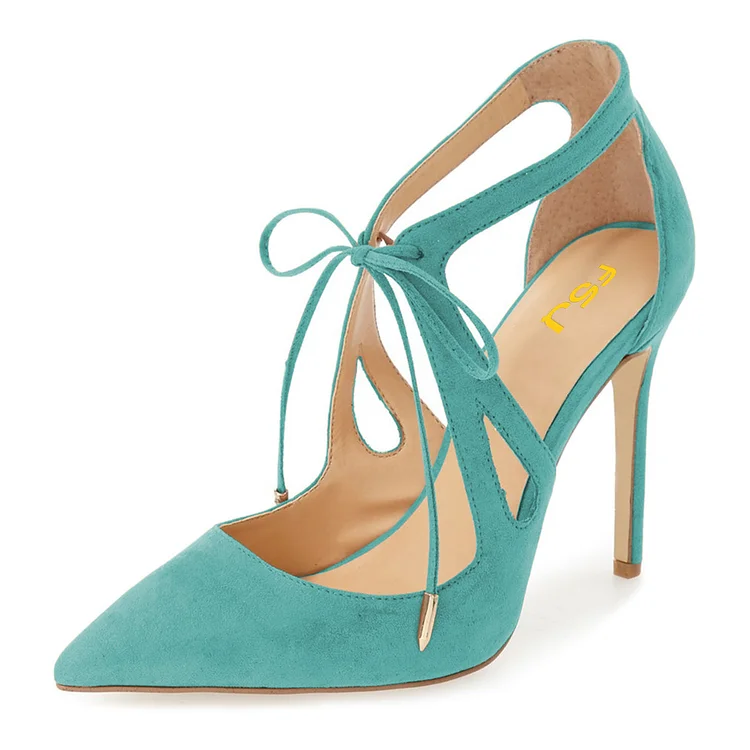 Turquoise Vegan Suede Pumps Pointy Toe Cut Out Lace Up Stiletto Heels |FSJ Shoes