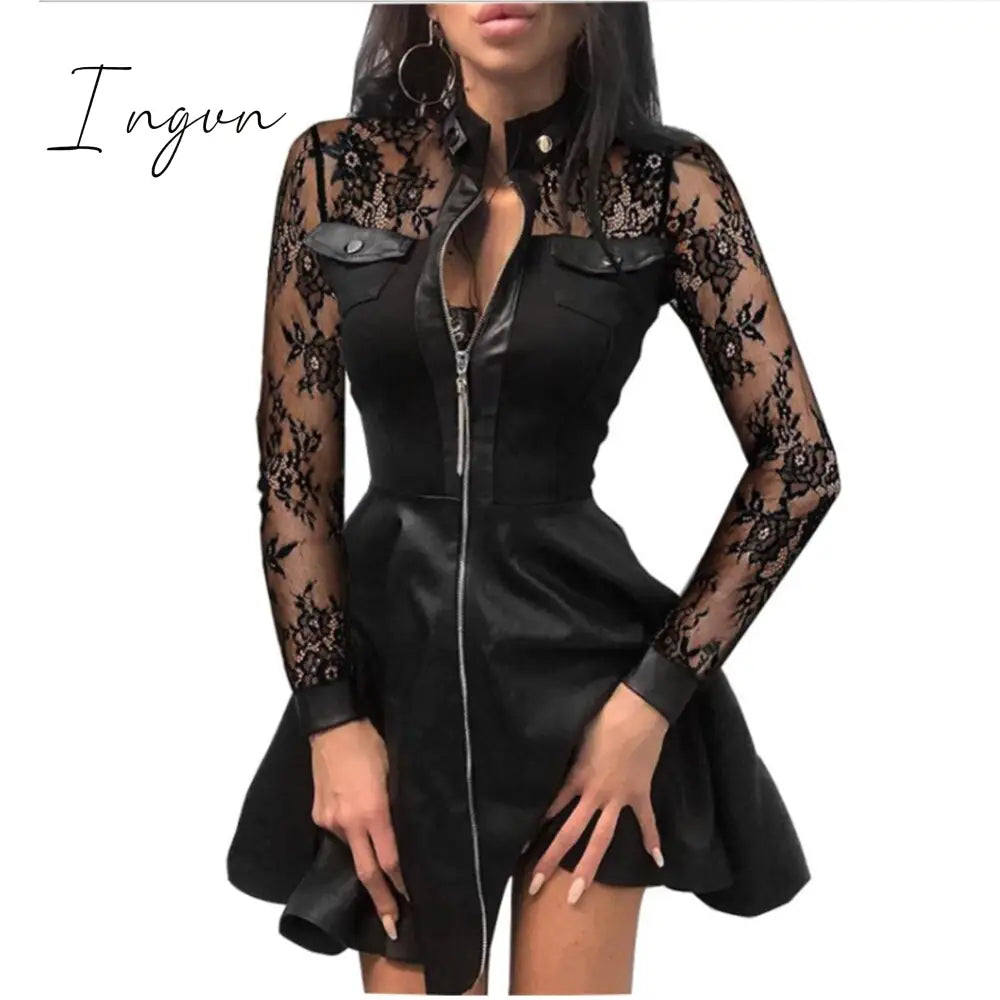 Ingvn - Women Plus Size 5Xl Summer Lace Sleeve Pu Faux Leather Mini Dress V - Neck Zipper Party