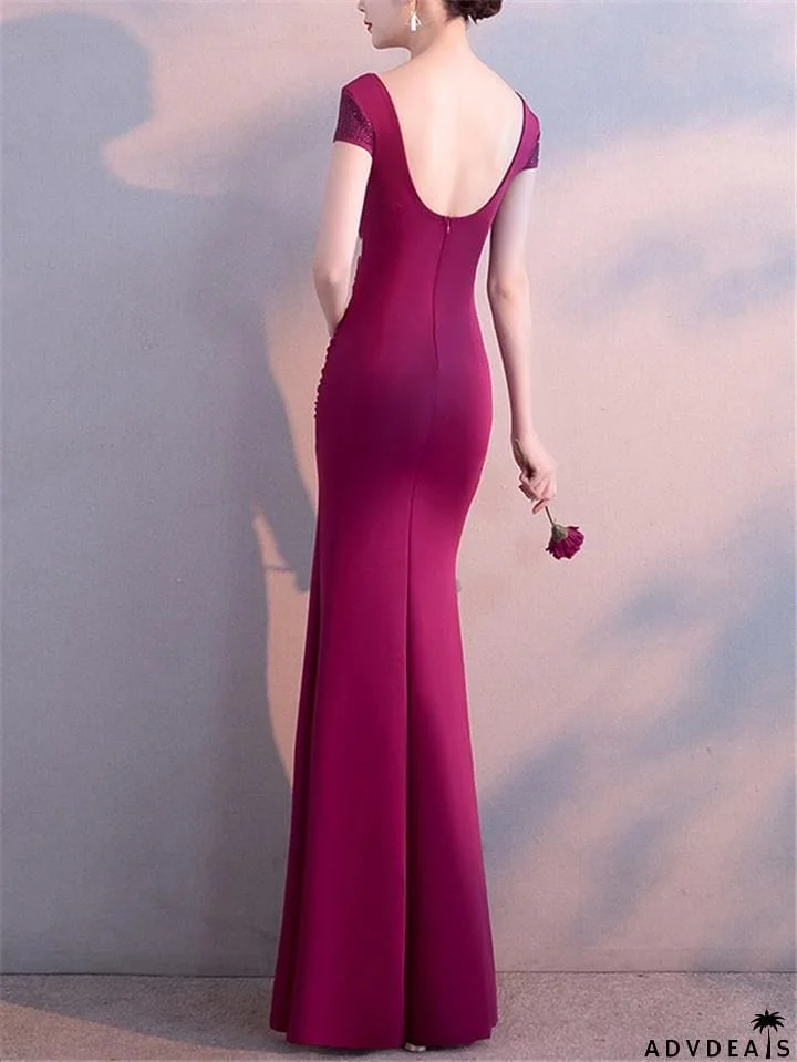 Sexy V Neck Side Slit Beaded Formal Dress for Dinner