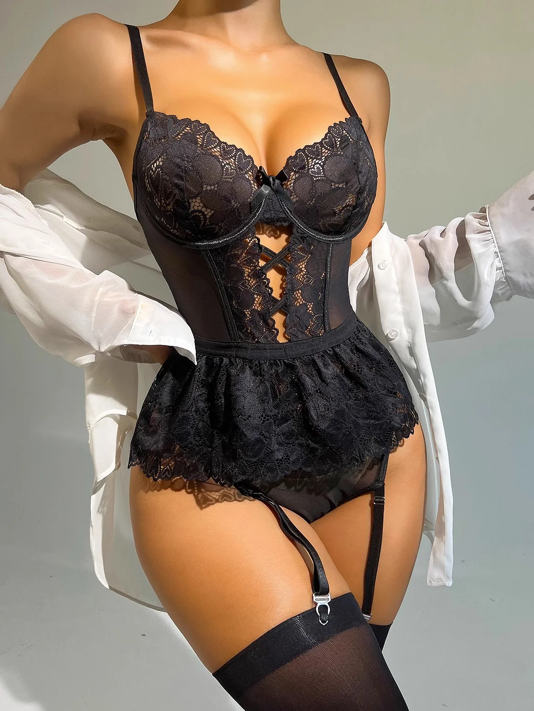 Brownm Sex Lingerie Sexy Body Lace Splicing Back Perspective Lingerie Conjoined