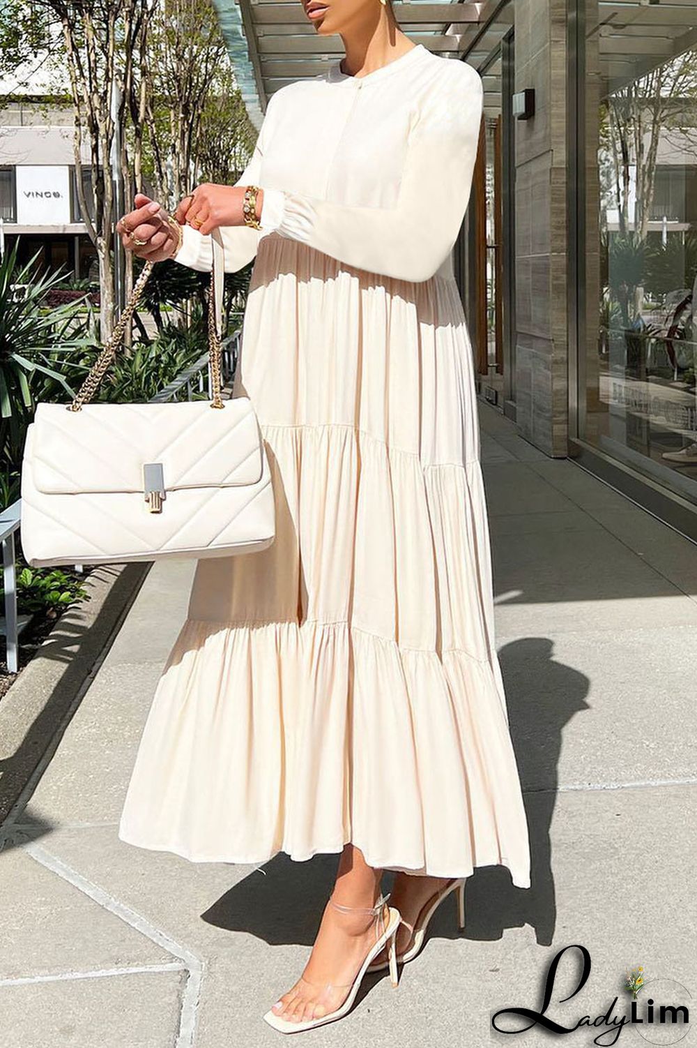 Apricot Casual Solid Patchwork Fold O Neck Straight Dresses