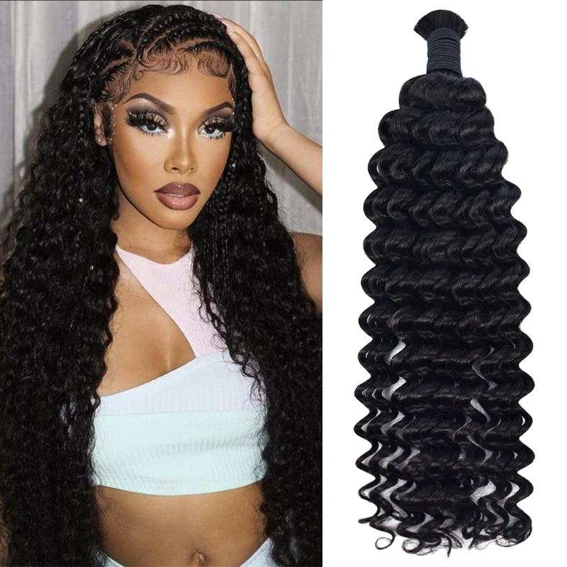 12A Deep Wave Hair Bulk Human Hair for Braiding No Weft Human Hair Extensions 100g/Each Bundle