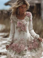 Women's Vintage Romantic Floral White Long-sleeved Dress