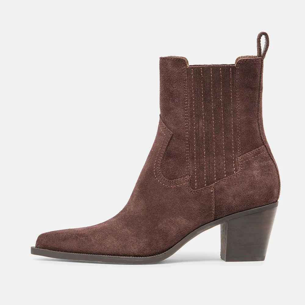 Women's Vegan Suede Pointed Toe Heeled Brown Ankle Cool Chelsea Boots