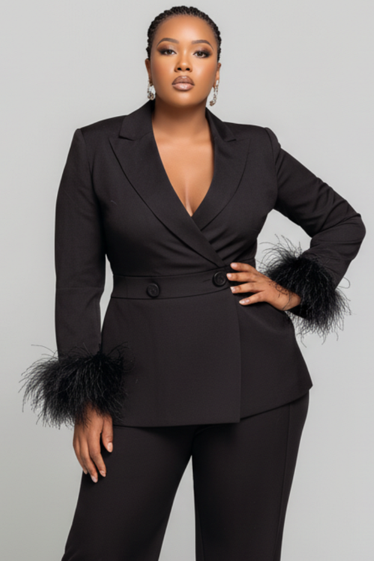 Xpluswear Design Plus Size Formal Black Turndown Collar Long Sleeve Pocket Elegant Feather Two Piece Pant Suits [Pre-Order]