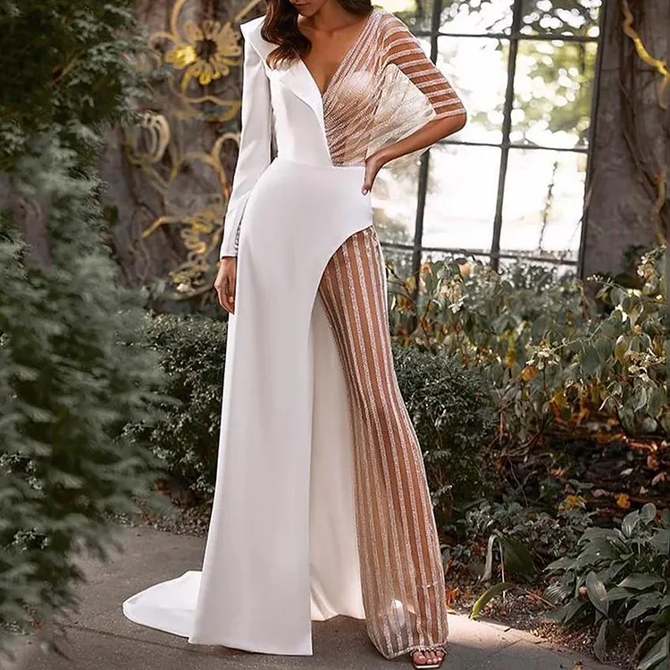 Spring Women Clothing V neck Patchwork Lace Irregular Asymmetric Dress Dress Solid Color Jumpsuit 