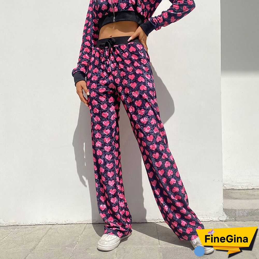 Weekeep Pink New Cute Heart Velvet Straight Trousers Streetwear Women Lace Up High Waist Baggy Pants Autumn Casual Sporty Jogger