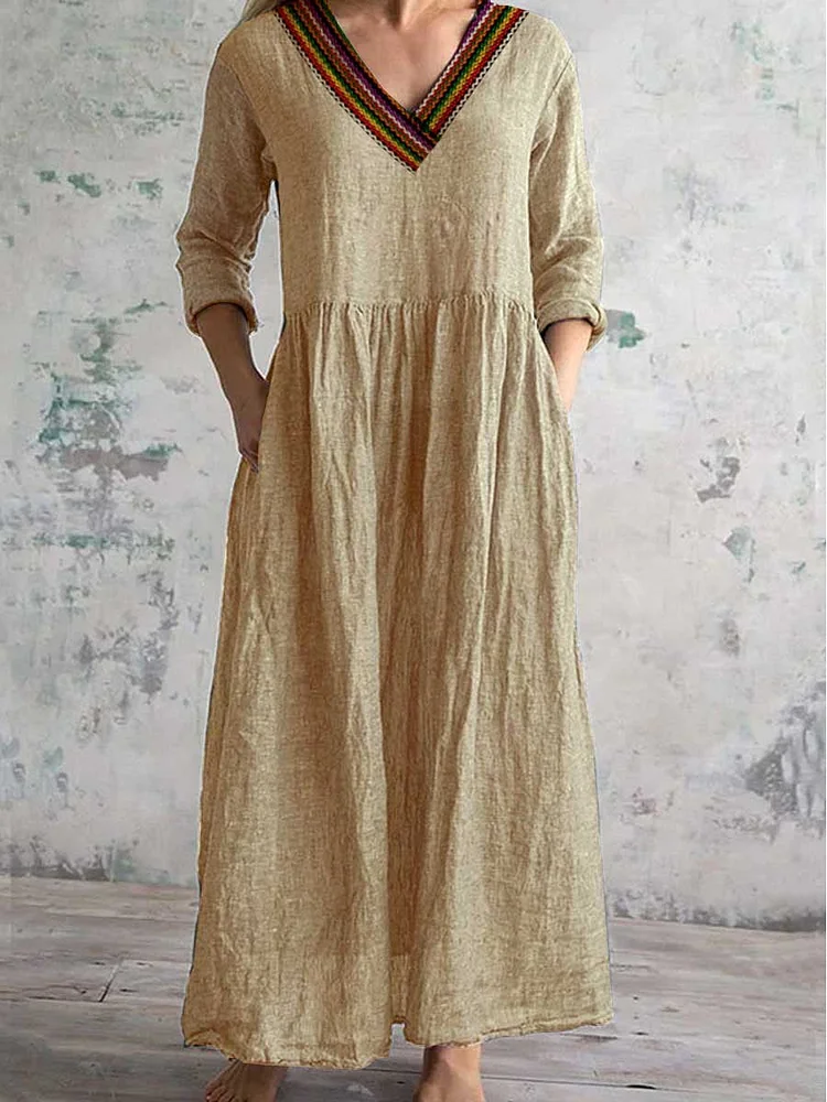 Women's V-neck Woven Printed Dress With Pockets